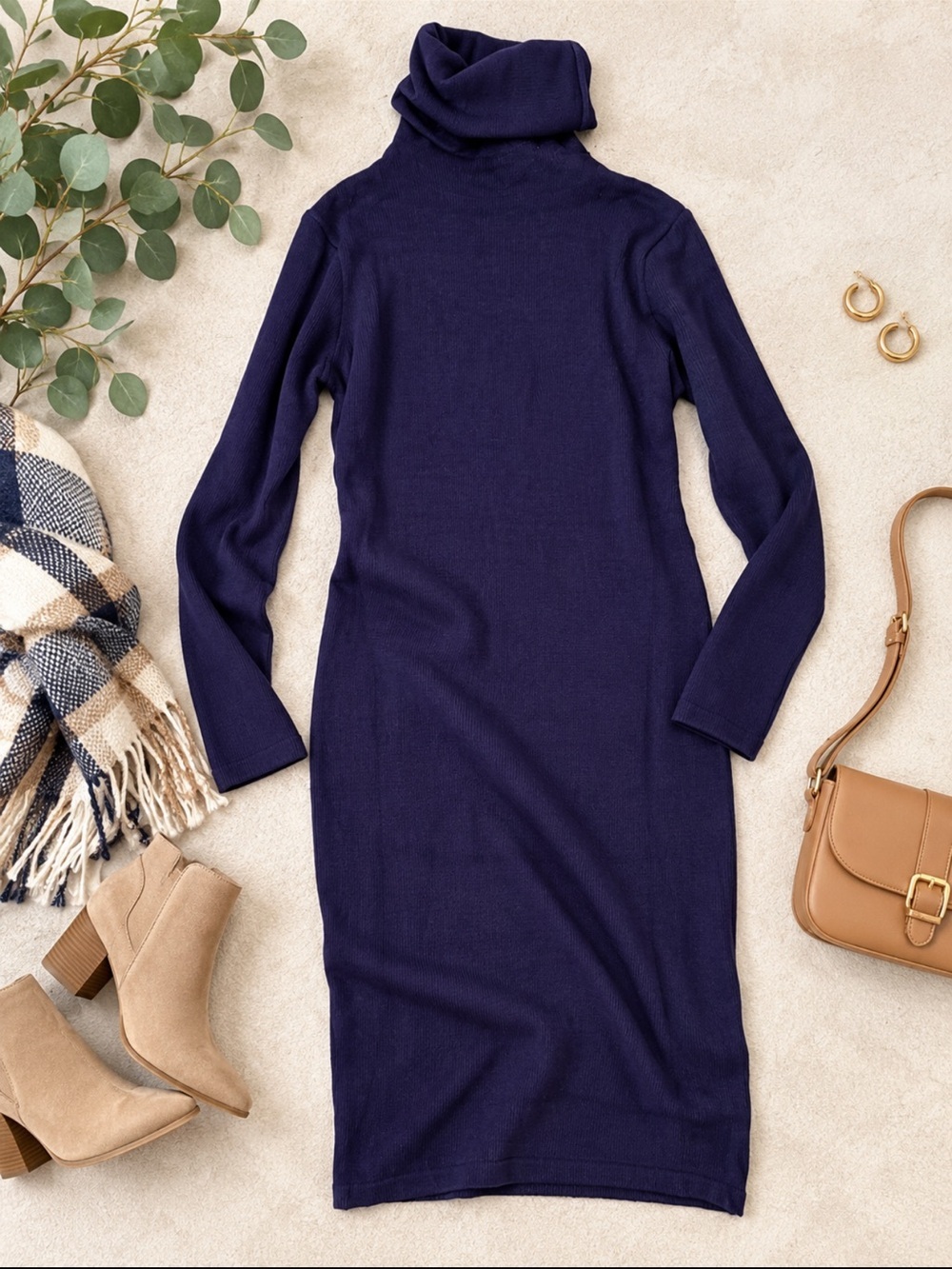 Slim Fit Navy Turtleneck Sweater Dress